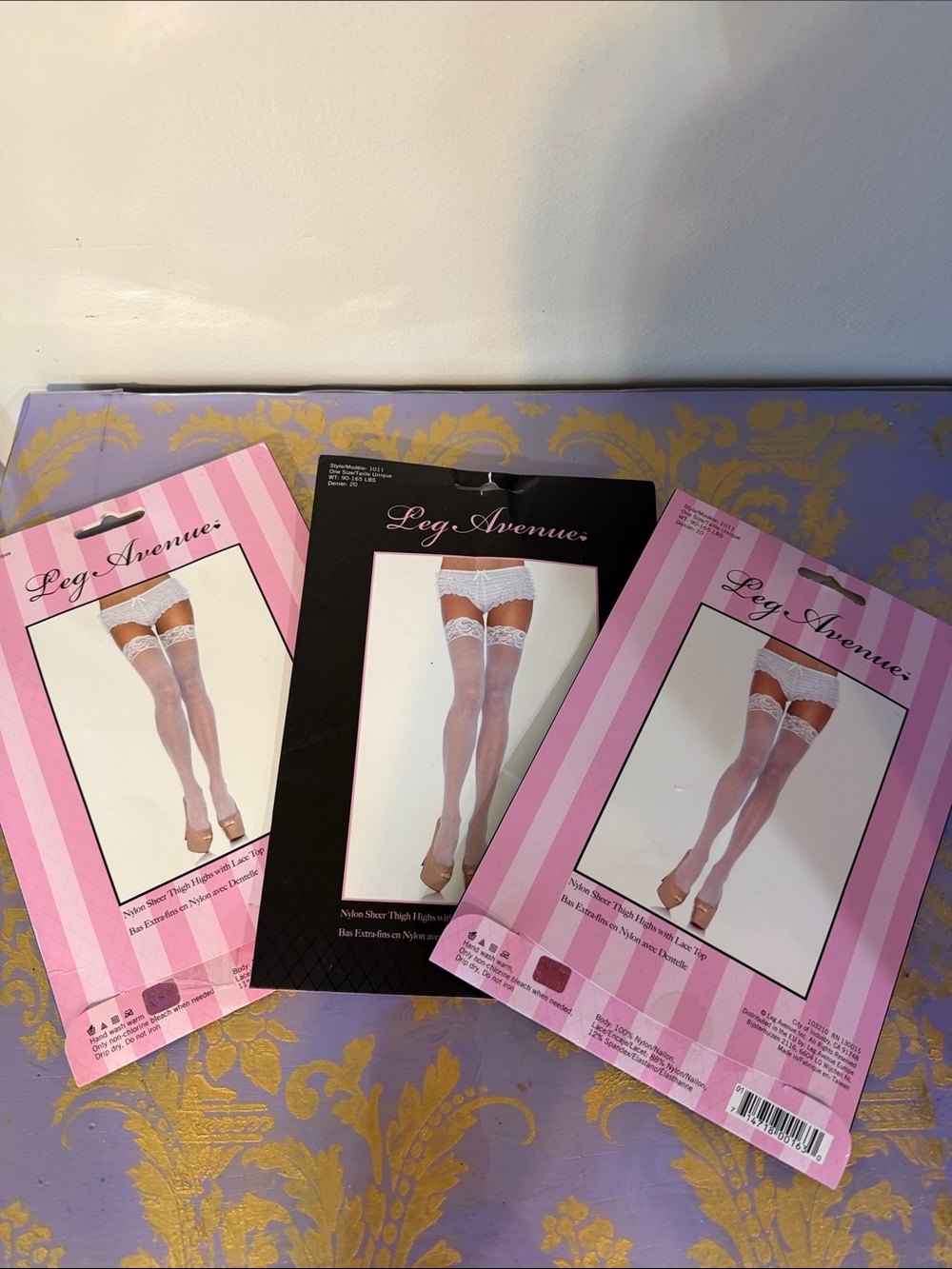 Leg Avenue White Lace Thigh High Stockings - Pink Packaging